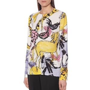 BNWT Stella McCartney Long-sleeve Watercolor-horse Print Stretch Crepe Blouse.